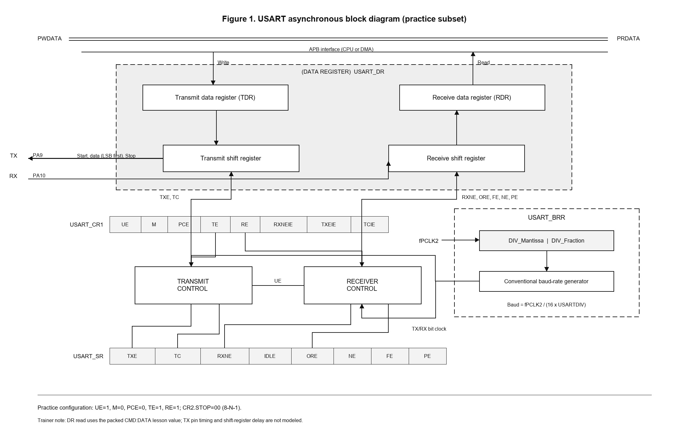 Simplified USART1 transmit and receive data paths with numbered clock, control, baud, data, and status blocks